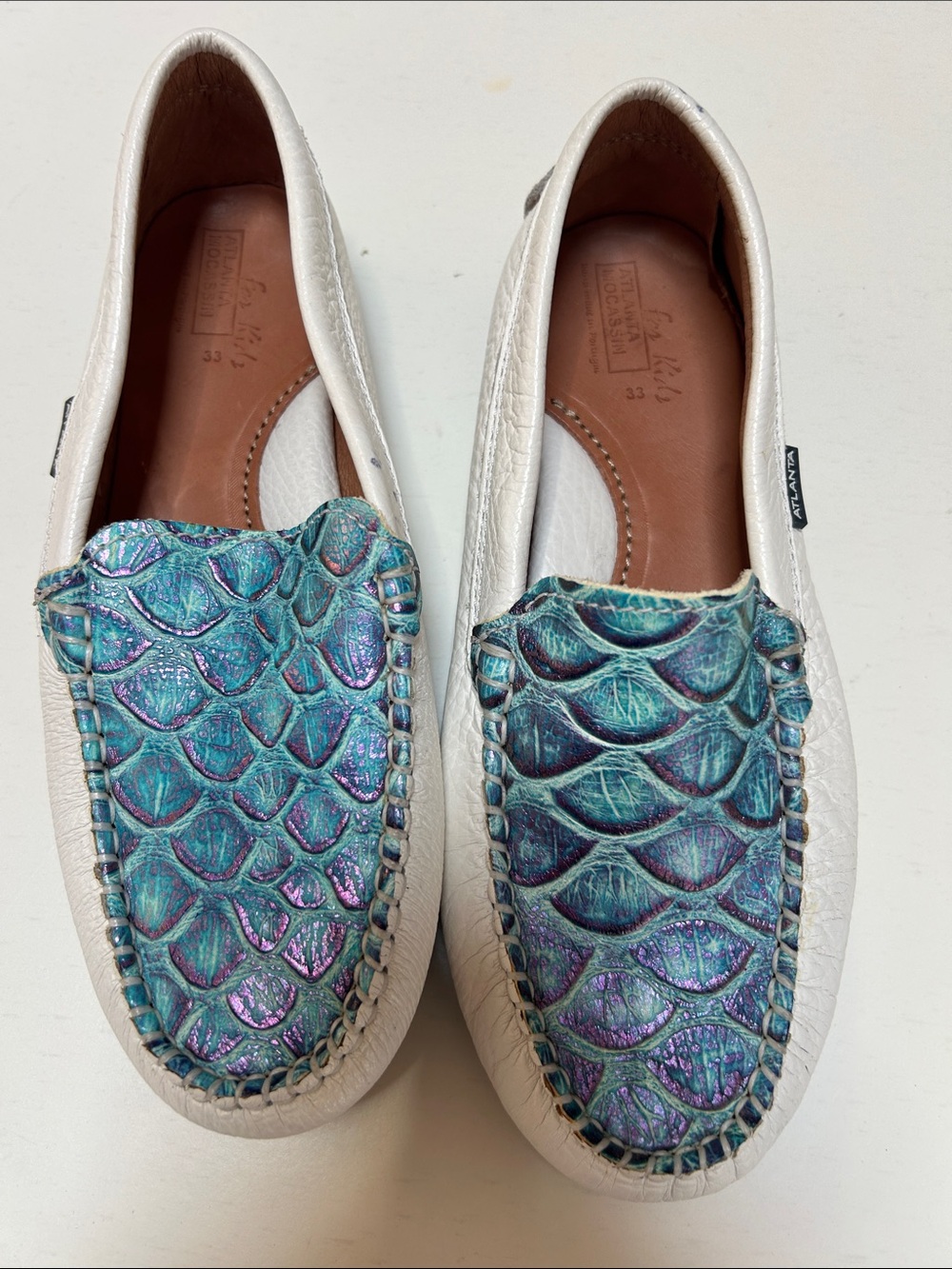 Kids White Moccasins with Iridescent Teal Scale Detail
